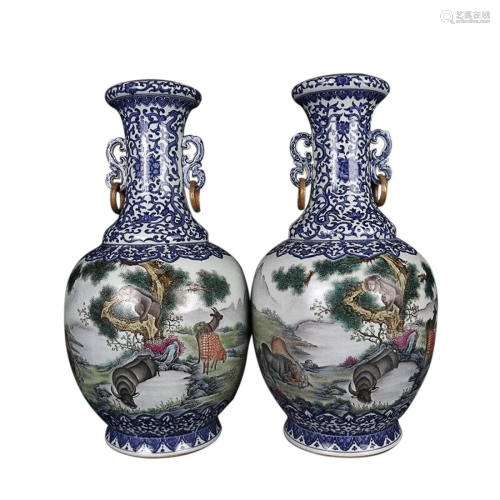PAIR OF BLUE & WHITE AND PAINTED 'CHINESE ZODIAC'