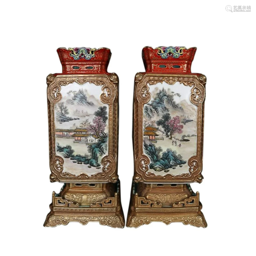 PAIR OF PAINTED ENAMEL 'FIGURE STORY' SQURE VASES WITH