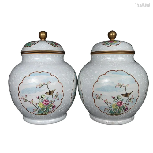 PAIR OF WHITE-GLAZED AND PAINTED ENAMEL 'BIRD AND