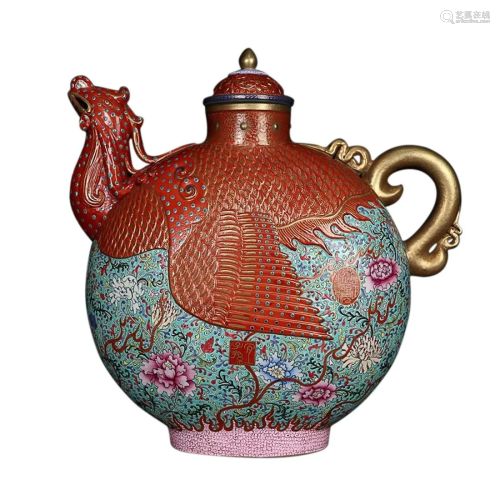 PAINTED ENAMEL PHOENIX-FORM FLAT EWER