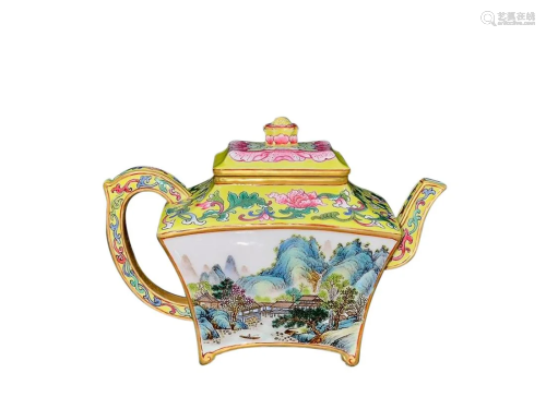 YELLOW-GROUND PAINTED 'LANDSCAPE' SQUARE TEAPOT