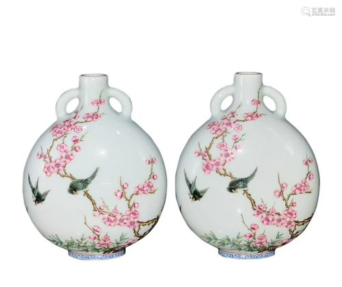PAIR OF PAINTED 'BIRD AND FLOWER' HANDLED VASES