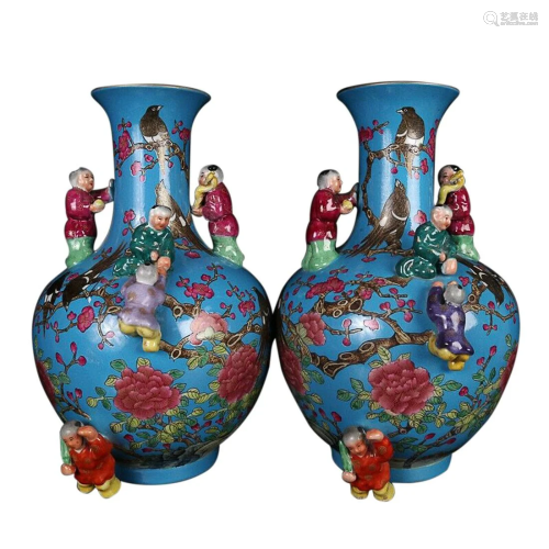 PAIR OF GILT DECORATED PAINTED ENAMEL 'FIVE BOYS' VASES