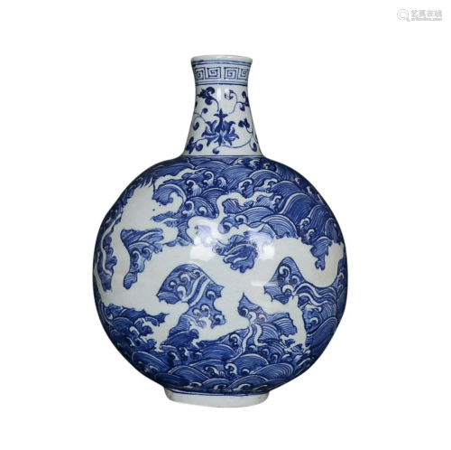 REVERSE-DECORATED BLUE & WHITE 'DRAGON AMONG OCEAN'