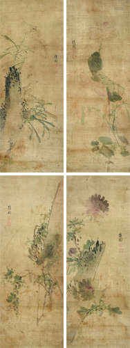 金弘道（1745-1815以后） 花卉 四条屏镜心 设色绢本