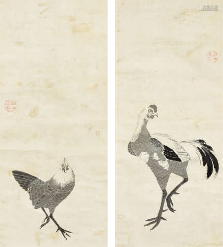 伊藤若冲（1716-1800） 大吉图 （双幅） 立轴 水墨纸本