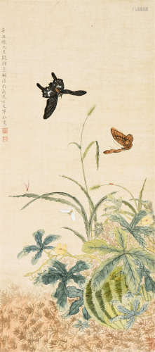 恽冰（1723-1795） 彩蝶瓜果 立轴 设色纸本