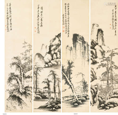 吴昌硕（1844-1927） 山林茅屋 四条屏立轴 水墨纸本