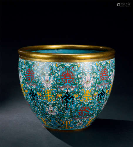 清代（1644～1911） 铜掐丝珐琅缠枝莲万寿无疆纹卷缸
