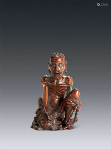 清代（1644～1911） 龙眼木雕瘦骨罗汉座像