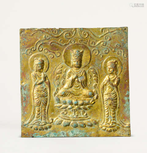 元代（1279～1368） 铜鎏金錾花佛三尊像