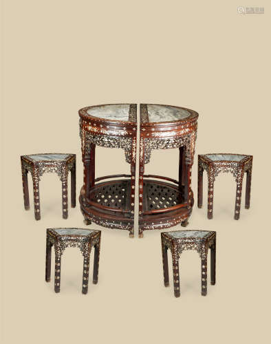 清代（1644～1911） 红木嵌螺钿镶云石面拼桌 扇形凳 （六件一组）