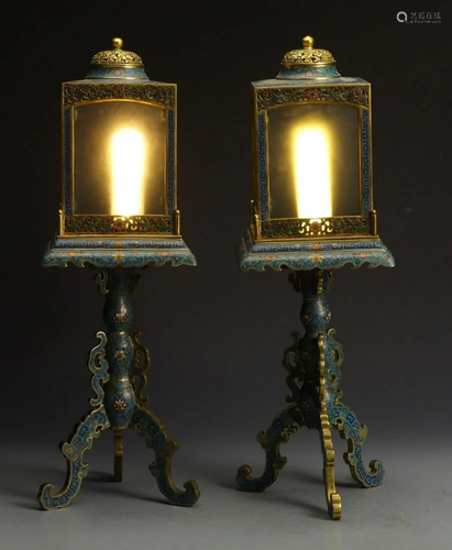 PAIR OF CLOISONNE WITH GLASS LANTERNS