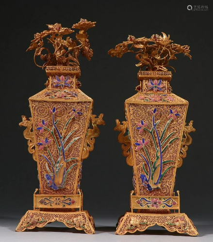 PAIR OF GILT SILVER FILIGREE VASES