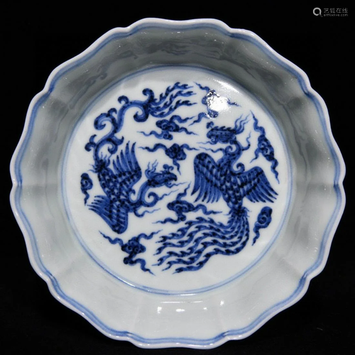 BLUE&WHITE GLAZE PHOENIX PATTERN BRUSH WASHER