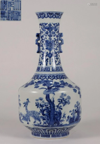 QIANLONG MARK BLUE&WHITE CRANE DEER PATTERN …