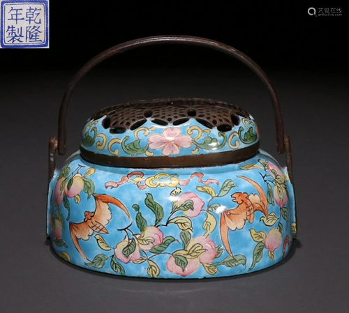 QIANLONG MARK COPPER ENAMELED CENSER WITH HANDLE