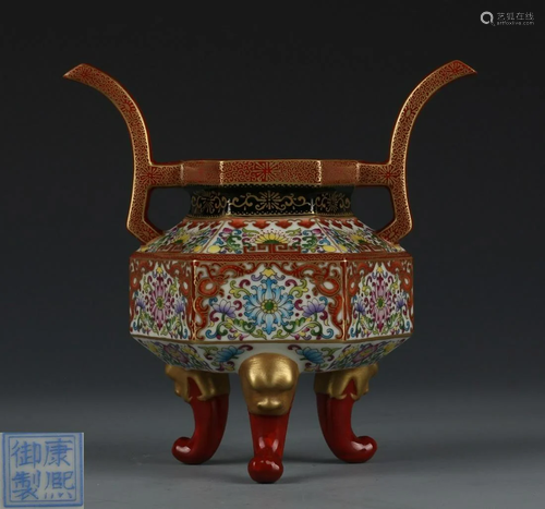 KANGXI MARK ENAMELED GLAZE TRIPOD CENSER