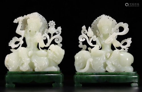 PAIR OF HETIAN JADE BUDDHA STATUES WITH JASPER BASES