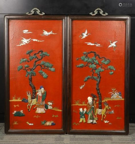 PAIR OF RED LACQUER WITH GEM AUSPICIOUS PATTERN SCREENS