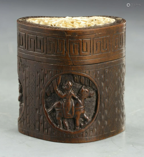 ZITAN CARVED FIGURE PATTERN BOX WITH COVER