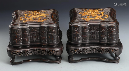 PAIR OF ZITAN WITH HUANGYANG WOOD DRAGON PAT…