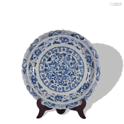 A blue and white 'phoenix' dish