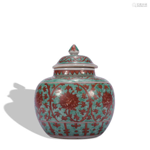 A green-ground and red glazed 'floral' jar and cover
