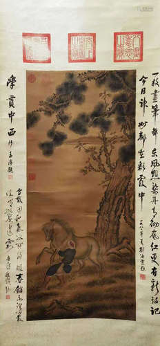 郎世寧 清代 牧馬圖(文物商店舊藏，帶火漆，原裝舊裱，諸名家題跋) ...