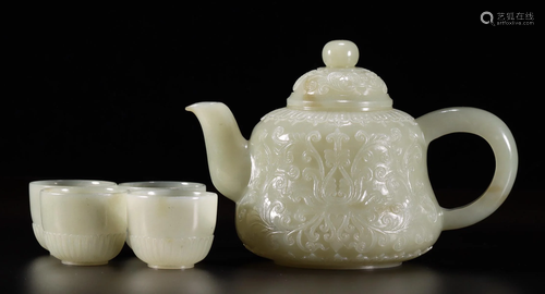 HETIAN JADE FLOWER PATTERN TEAPOT&CUPS