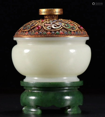 HETIAN JADE CENSER WITH GILT SILVER COVER&JASPER BASE