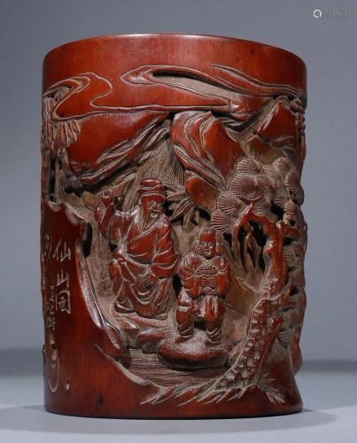BAMBOO CARVED FIGURE STORY PATTERN BRUSH POT