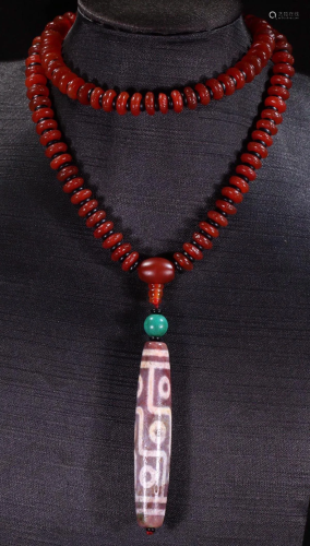 TIBETAN AGATE WITH NINE EYE DZI NECKLACE