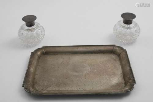 AN EDWARDIAN RECTANGULAR DRESSING TABLE TRAY with incurved c...