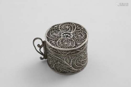 A GEORGE III FILIGREE-WORK BOUGIE BOX with a fold-out handle...