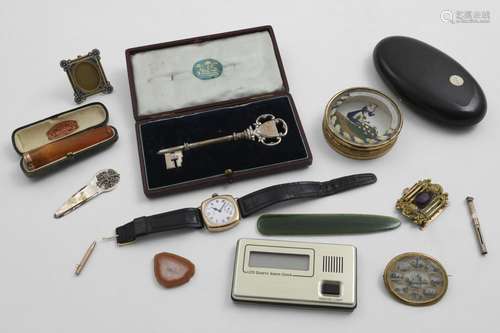 A MIXED LOT:- A cased presentation key, inscribed, a toothpi...