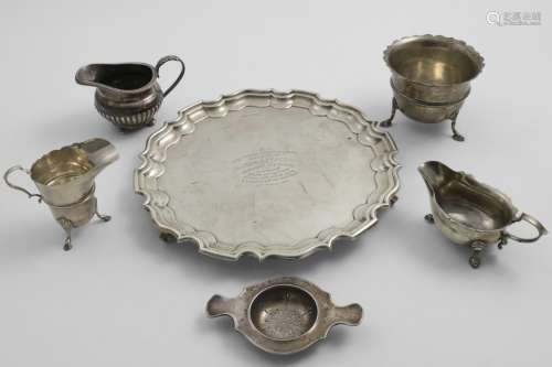 A MIXED LOT:- A George V salver, inscribed, by Walker & Hall...