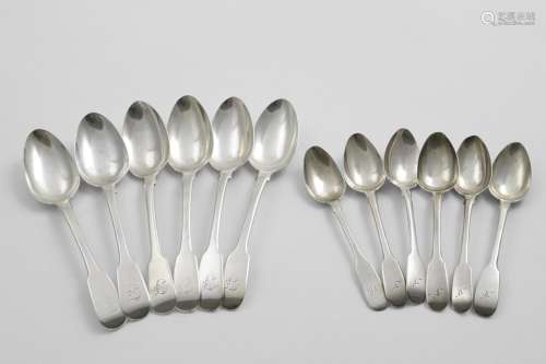 A MATCHED SET OF SIX FIDDLE PATTERN DESSERT SPOONS initialle...