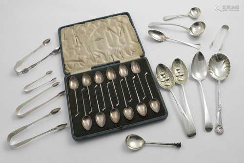 A MIXED LOT:- Five various pairs of sugar tongs, two small l...