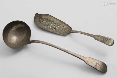 A GEORGE III FIDDLE PATTERN SOUP LADLE initialled and creste...