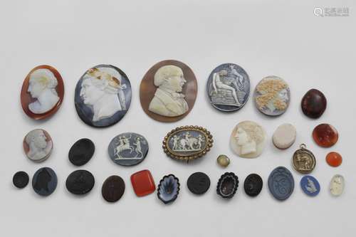 A MIXED LOT OF SHELL AND HARDSTONE CAMEOS ETC. (including on...