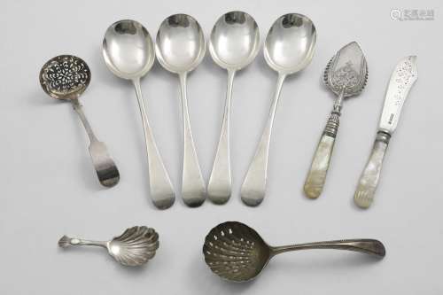 A SMALL MIXED LOT:- A set of four English pattern soup spoon...