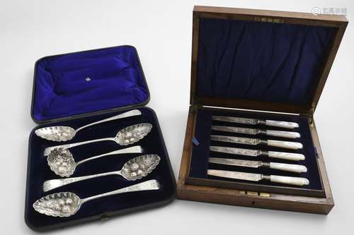 A GEORGE V CASED SET OF SIX ENGRAVED FRUIT OR DESSERT KNIVES...