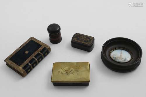 A MIXED LOT:- A papier-mache snuff box, a brass snuff box, i...