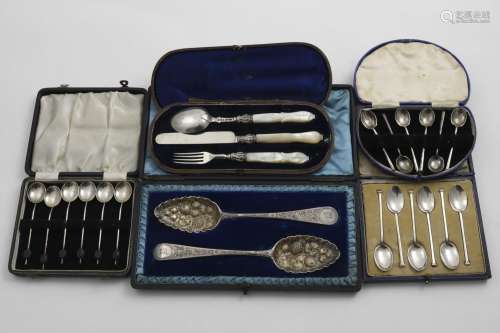 THREE VARIOUS CASED SETS OF SIX COFFEE SPOONS a cased pair o...