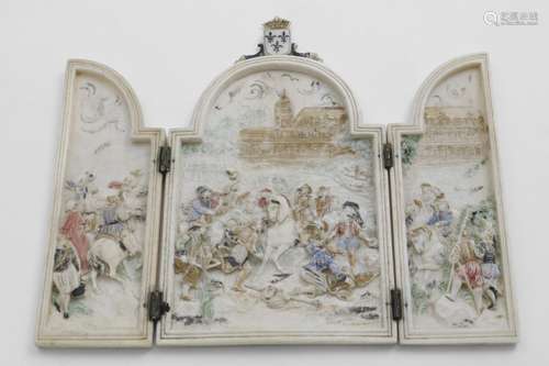 A 19TH CENTURY FRENCH IVORY TRIPTYCH with polychrome-painted...