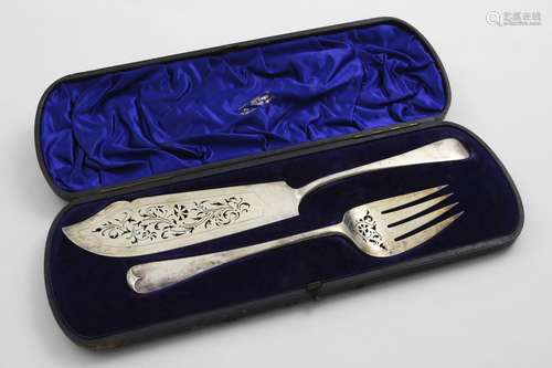 A LATE VICTORIAN CASED FISH SERVING KNIFE AND FORK with Old ...