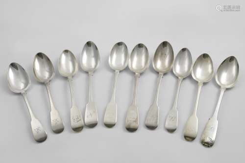 SEVEN VARIOUS ANTIQUE FIDDLE PATTERN TABLE SPOONS initialled...