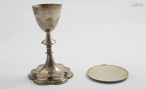 A LATE 19TH CENTURY FRENCH PARCELGILT CHALICE with a lobed f...