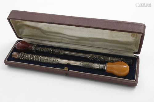 TWO MID 20TH CENTURY MOUNTED OPIUM PIPES each with a large, ...